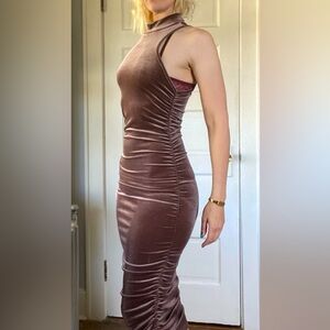 F21 Sleeveless Ruched Velvet Bodycon Dress with Mock Neck, Taupe Color